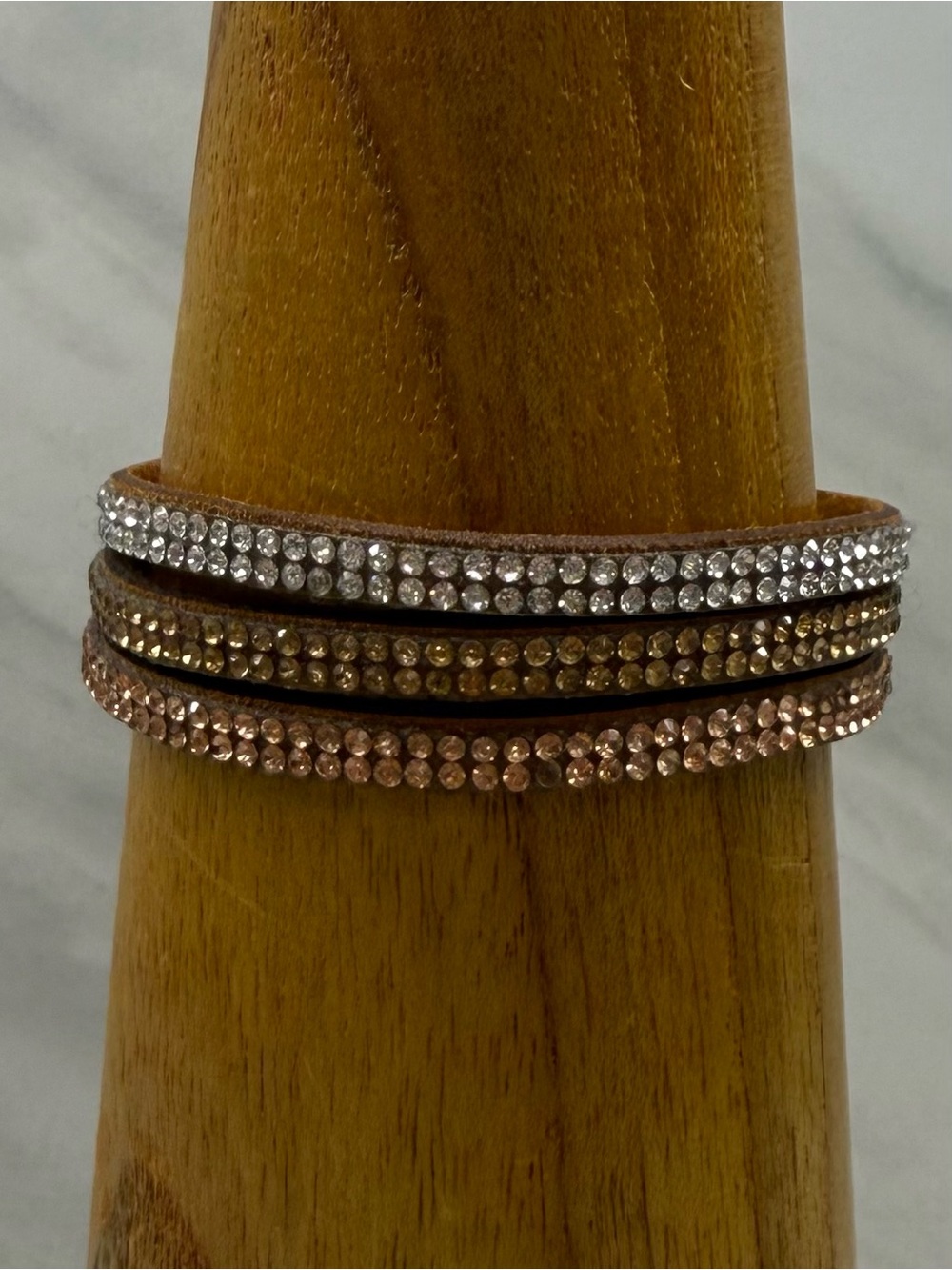 Stackable Crystal Wrap Bracelet on Leather Snap Closure Strap